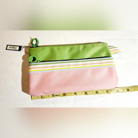 Sephora Ivy green pink stripes divider pocket front pocket signed hardware pouch - Picture 3 of 8